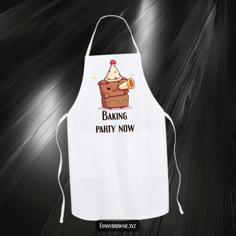 Funny apron showing a brownie character in a tiny party hat blowing a miniature horn, perfect for a festive kitchen.