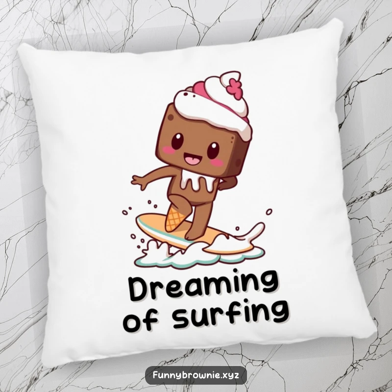 Funny pillow with a brownie character attempting to surf on a melting ice cream cone, adding a touch of sweet adventure.