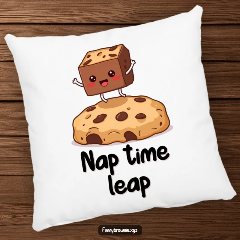 Funny pillow with a square brownie character with legs joyfully jumping over a huge cookie crumb, adding a touch of whimsy.