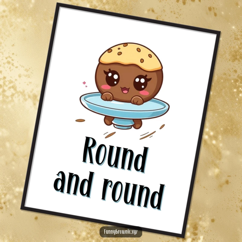 Funny digital art of a round brownie character with googly eyes spinning on a plate, capturing playful, dizzy energy.