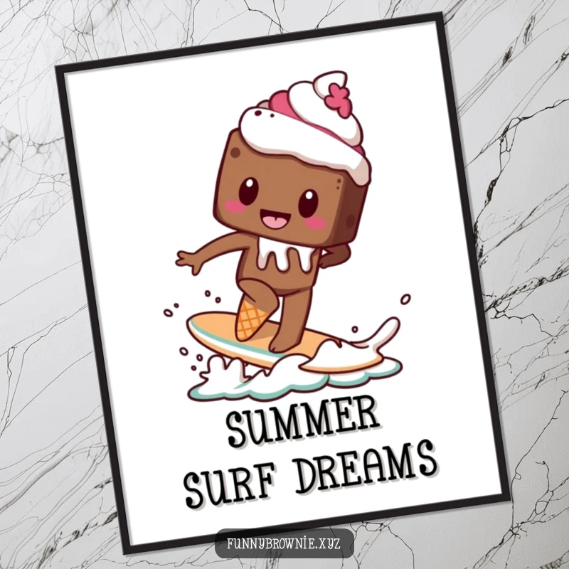 Funny digital art of a brownie character attempting to surf on a melting ice cream cone, capturing sweet, daring action.