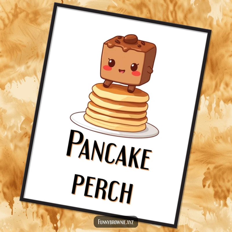 Funny digital art of a brownie character grinning while balancing on a wobbly stack of pancakes, capturing delightful breakfast determination.