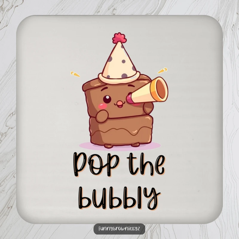 Funny drink coaster with a brownie character in a tiny party hat blowing a miniature horn, adding festive fun to tables.