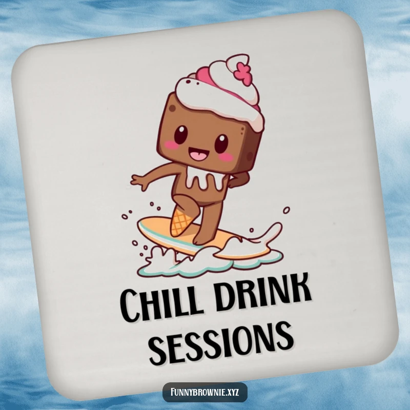 Funny drink coaster with a brownie character attempting to surf on a melting ice cream cone, adding a touch of sweet fun.