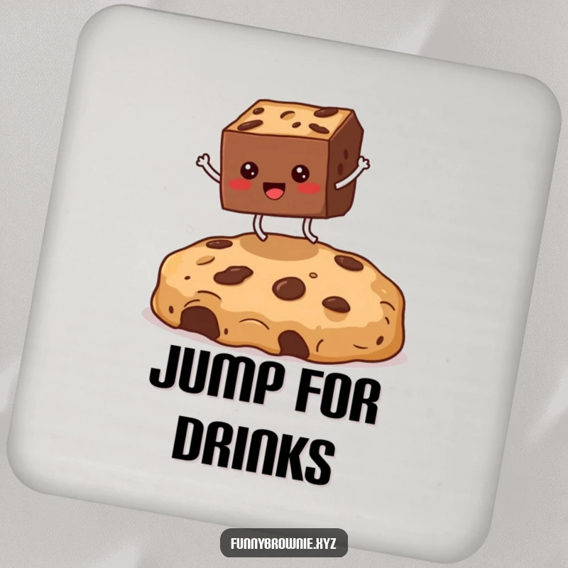 Funny drink coaster with a square brownie character with tiny legs jumping over a large cookie crumb, adding a humorous touch.