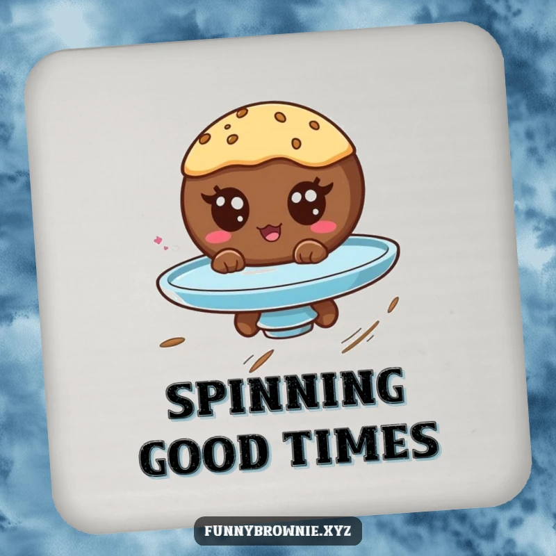 Funny drink coaster with a round brownie character with googly eyes spinning on a plate, adding a touch of whimsical fun.