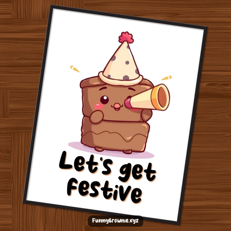Funny poster art of a brownie character wearing a small party hat and blowing a miniature horn, conveying pure celebration.