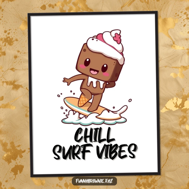 Funny poster art of a brownie character attempting to surf on a melting ice cream cone, capturing the essence of sweet risk.
