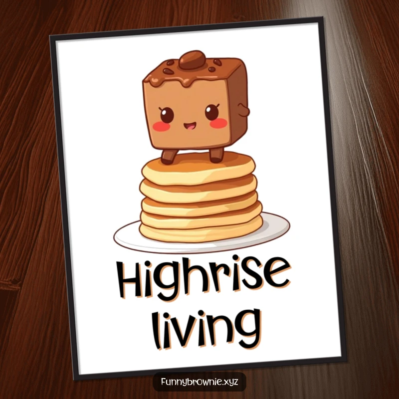 Funny poster art of a brownie character grinning while balancing on a wobbly stack of pancakes, capturing delightful precariousness.