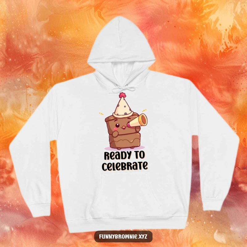 Funny hoodie depicting a brownie character wearing a small party hat and blowing a miniature horn, perfect for festive occasions.