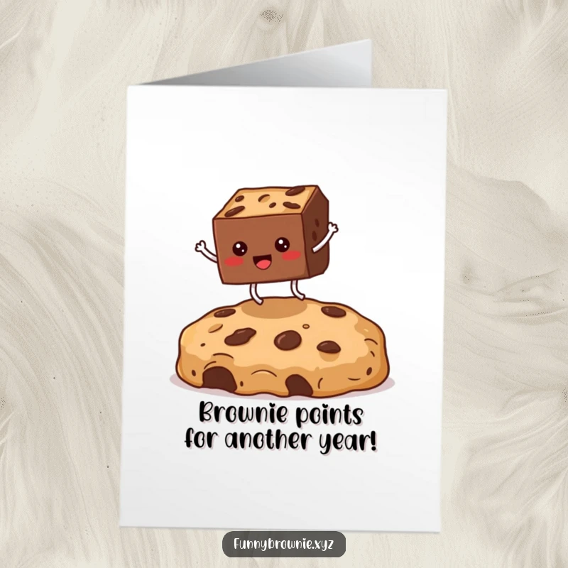 Funny Free Printable Birthday Card: Square brownie with legs jumping over a giant cookie crumb, celebrating with energy.