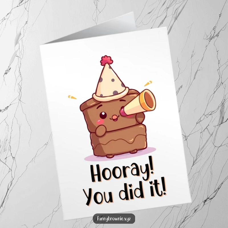 Funny Free Printable Congratulations Card: A brownie wearing a party hat blows a small party horn, cheering loud.