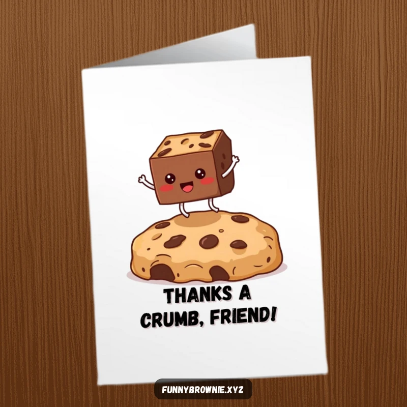 Funny Free Printable Thank You Card: Square brownie with small legs jumping high over a big cookie crumb, expressing thanks.