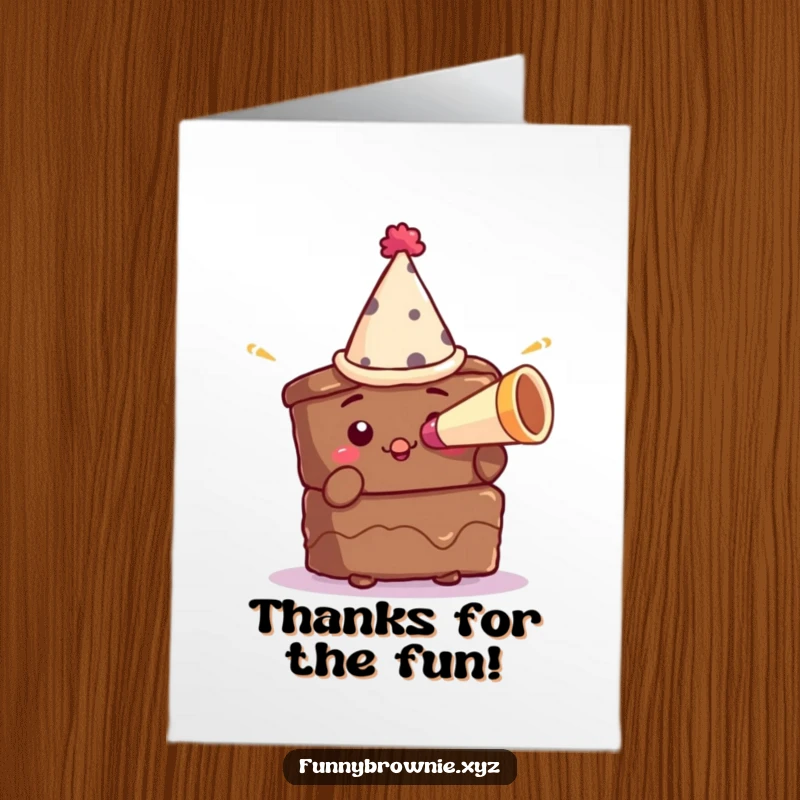 Funny Free Printable Thank You Card: A brownie in a party hat blows a miniature party horn to express thanks.