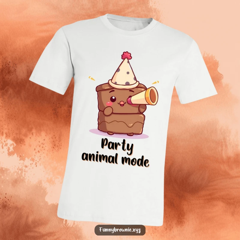 Funny t-shirt with a brownie character in a tiny party hat blowing a miniature horn, radiating birthday and party enthusiasm.