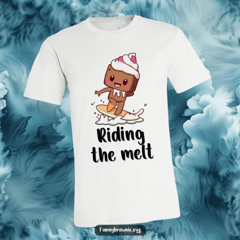 Funny t-shirt showing a brownie character bravely surfing on a melting ice cream cone, capturing a moment of sweet, hilarious action.