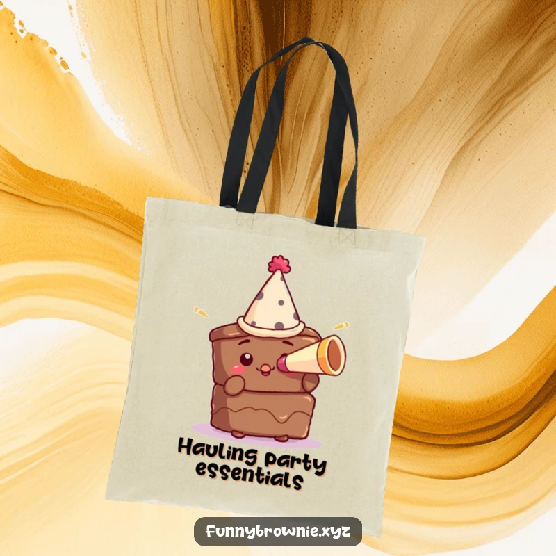 Funny tote bag featuring a brownie character in a tiny party hat blowing a miniature horn, ideal for carrying party supplies.