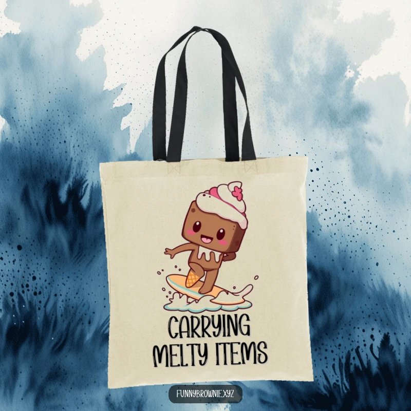 Funny tote bag showcasing a brownie character attempting to surf on a melting ice cream cone, perfect for carrying humor.